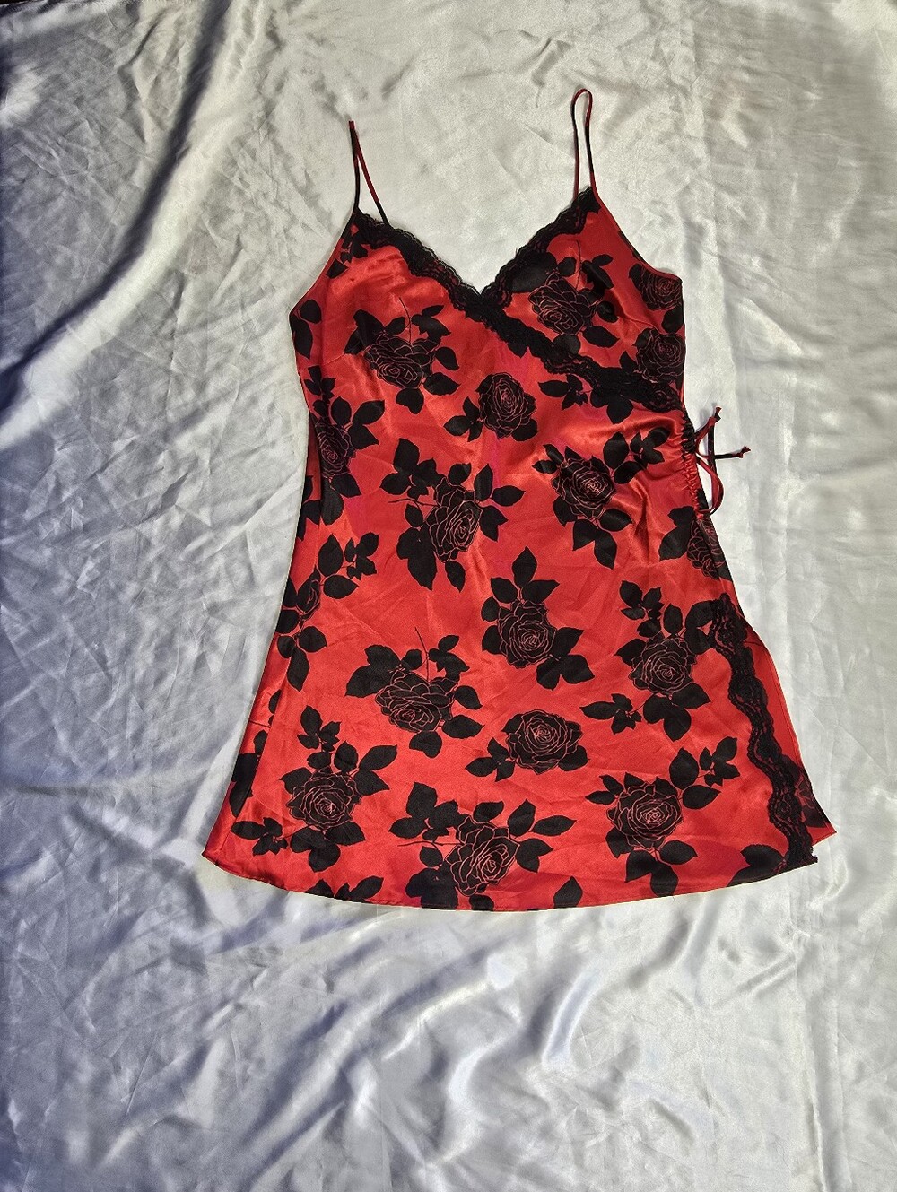 Red Satin Floral Lace-Trim Slip with Black Rose Print